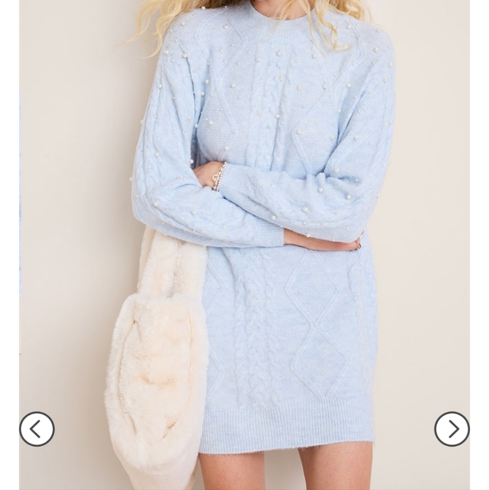 Francesca's Collections Light Blue Pearl Cable Knit Mini Dress